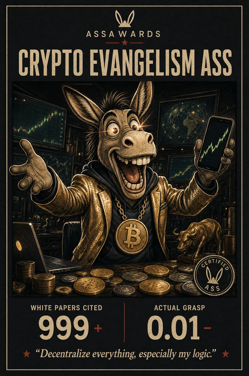 Crypto evangelism Ass certified ass award title card