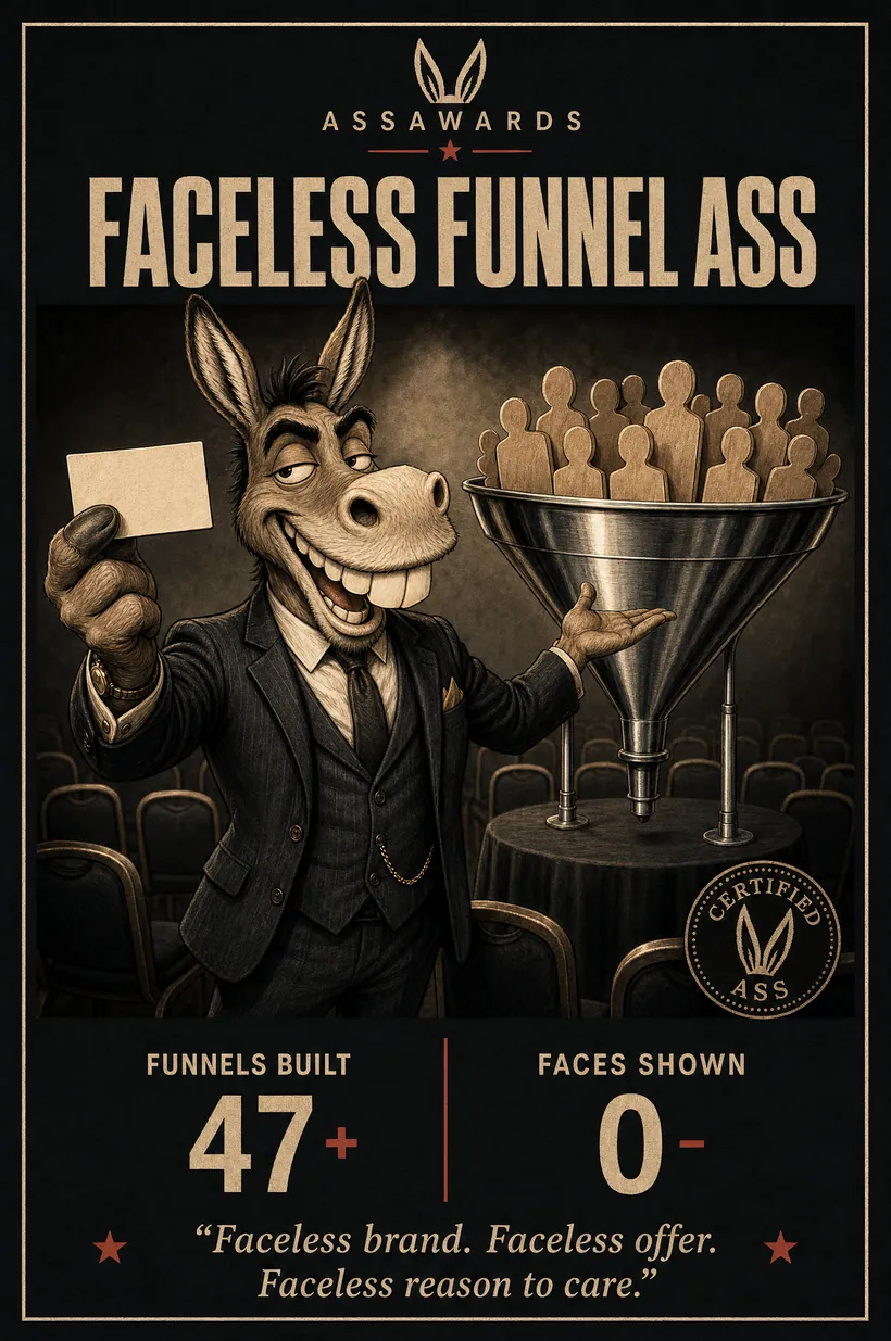 Faceless Funnel Ass certified ass award title card