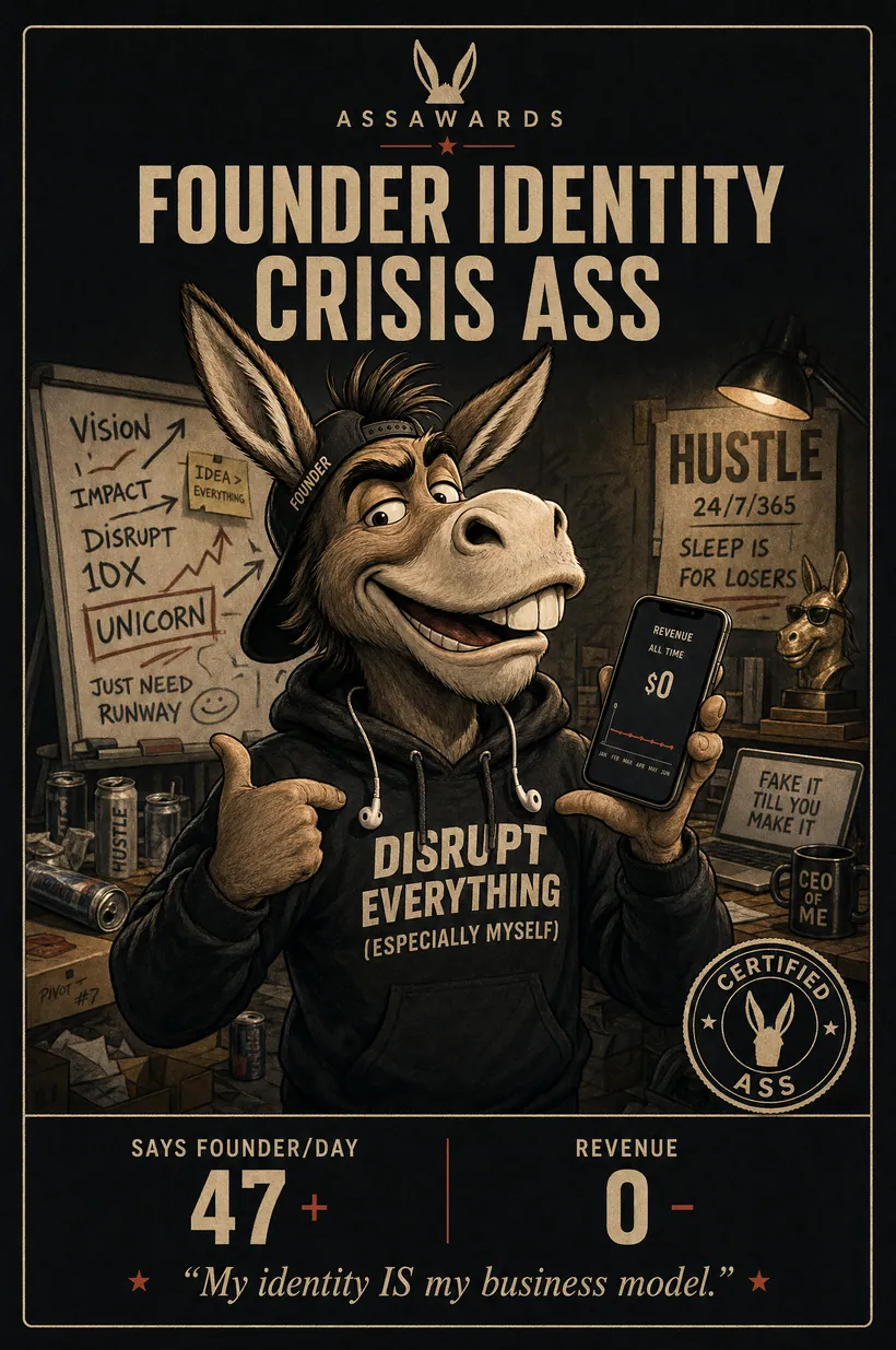 Founder identity crisis Ass certified ass award title card